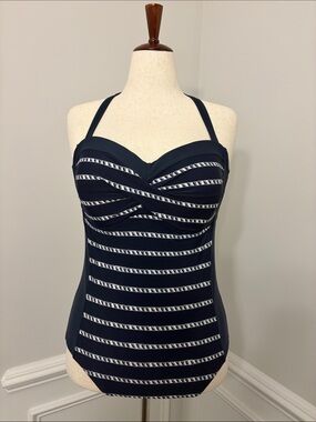 Merona Navy Blue Striped Nautical Halter One-Piece Swimsuit | XL